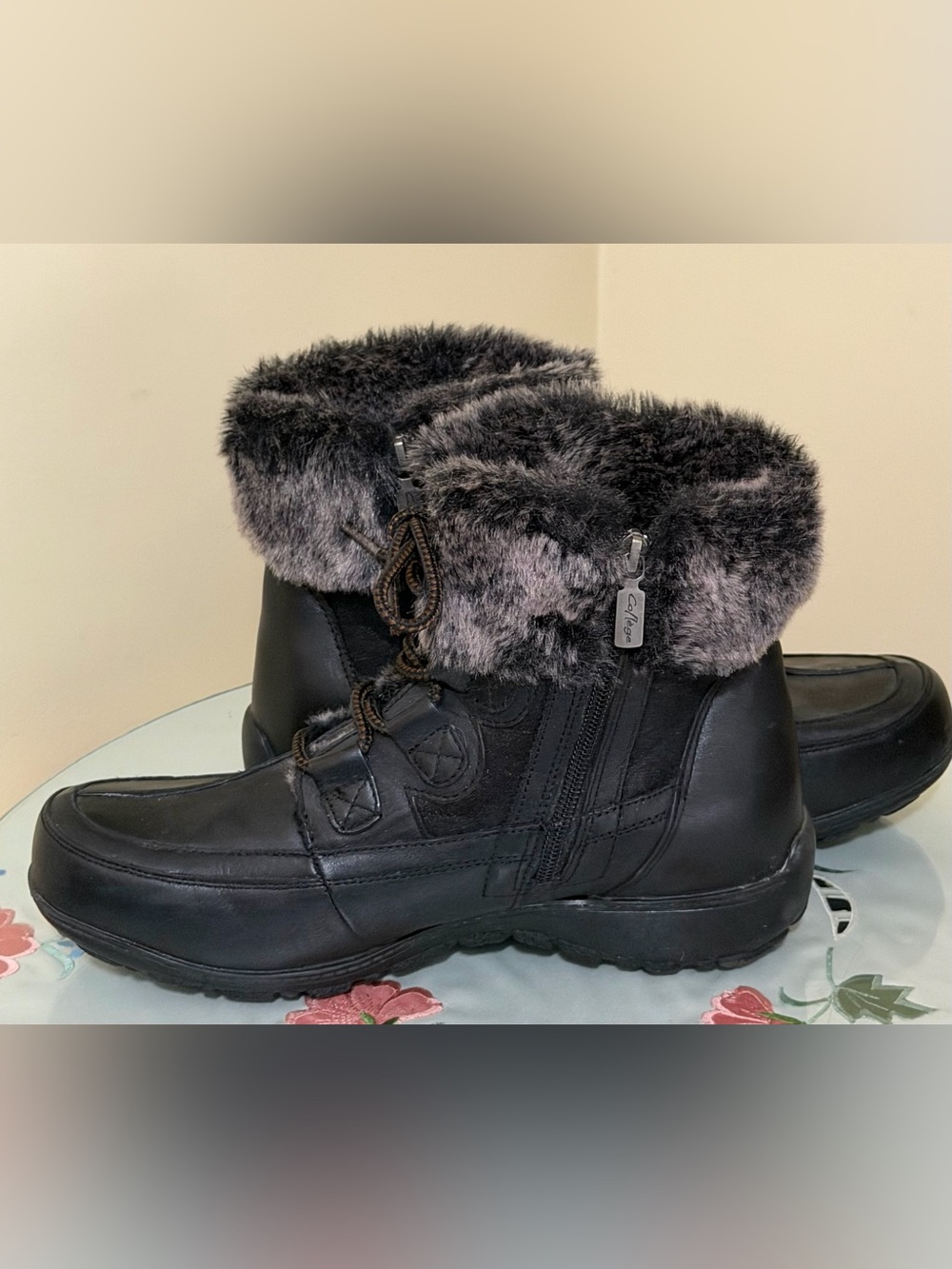 Women’s Black Faux Fur Trimmed Winter Ankle Boots Size 10
